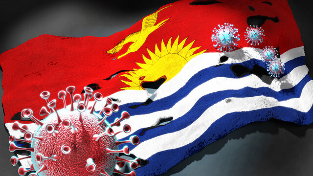 Covid in Kiribati - coronavirus attacking a national flag of Kiribati as a symbol of a fight and struggle with the virus pandemic in this country, 3d illustration