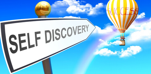 Self discovery leads to success - shown as a sign with a phrase Self discovery pointing at balloon in the sky with clouds to symbolize the meaning of Self discovery, 3d illustration