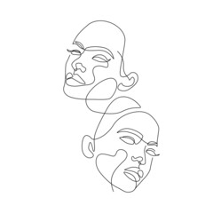 Two Female Faces Line Art Drawing. Women Faces Couple One Line Minimalist Illustration. Woman Minimal Sketch Drawing. Abstract Single Line Vector Art.