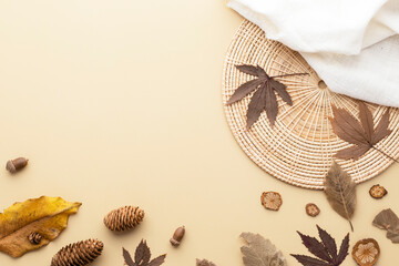 Autumn composition, dried leaves. cotton flowers and pine cones on white background. Flat lay, top view with copy space