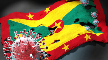 Covid in Grenada - coronavirus attacking a national flag of Grenada as a symbol of a fight and struggle with the virus pandemic in this country, 3d illustration