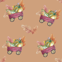 watercolor illustration seamless pattern trolley with harvest,pumpkin,jar,leaves on a warm autumn background,for wallpaper or fabric