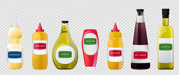 Big sauce in bottles set. Soy, Olive Oil, Mustard, Ketchup and Mayonnaise sauces. Condiment elements for food design.