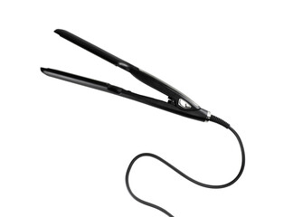 Electric curling iron with ceramic plates isolated on white background. Top view.