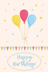 Group of color balloons with party flags and confetti on pastel background. Birthday celebration card template