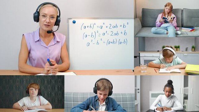 Multiscreen, teen childrens at home education, homeschooling online by video call, video conference with teacher and primary school students during a pandemic in quarantine, math lesson on self