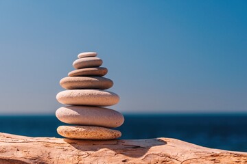 Pyramid stones on the seashore on a sunny day on the blue sea background. Happy holidays. Pebble beach, calm sea, travel destination. Concept of happy vacation on the sea, meditation, spa, calmness.
