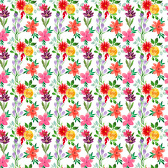 Seamless pattern of bright summer flowers and leaves. Watercolor colorful blooming for postcards, wrapping paper, stickers, price tags
