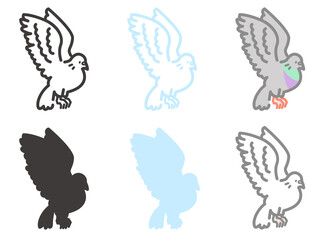 鳩 複数セット シルエット線画 ベクターイラスト素材