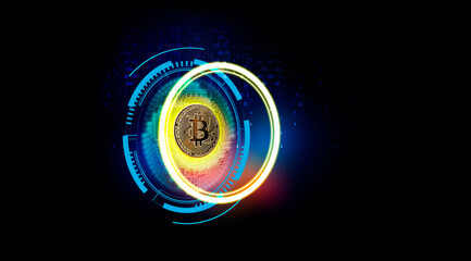 Cryptocurrency bitcoin, digital money and blue circle banner web with copy space on dark background - Stock Market Concept