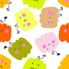 Multicolor pumpkins vector seamless pattern. Perfect for T-shirt, textile and prints. Hand drawn illustration for decor and design.
