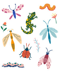 Different insects collection. Hand draw Butterfly, bug, dragonfly, caterpillar and worm. Cartoon Vector illustration isolated on white background.