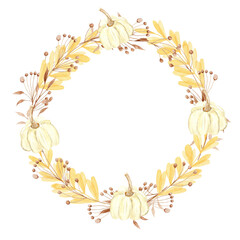 Watercolor wreath with pumpkins and leaves illustrations. Circle boarder for decor and design. 