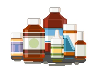 Medicines. Still life with bottles, tablets, capsules. Medicinal drugs. Pharmaceuticals. First aid kit. Pharmacy. Isolated on white background. Illustration flat design. Vector