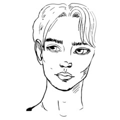 Vector illustration of a guy's face. Black outline. Hand-drawn. Design of posters, postcards, tattoos, prints, decor.