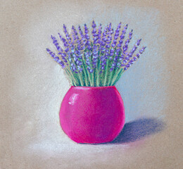Handmade drawing of vases and lavender pastels and craft paper for poster, card printing and interior decor