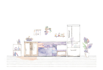 キッチンの風景、冷蔵庫とインテリア