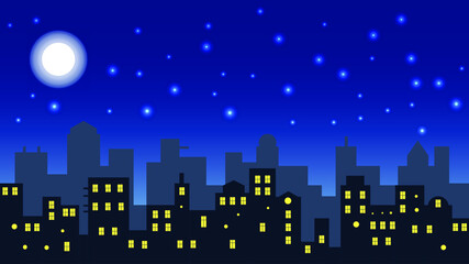 Night sky with full moon with house silhouettes vector illustration