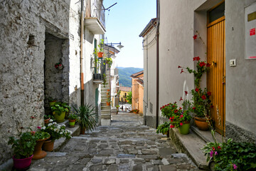 Fototapeta na wymiar A street in the historic center of Castelsaraceno, a old town in the Basilicata region, Italy. 