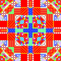 Creative mosaic pattern colored squares. Colored art festival abstract pixel symmetrical background. RGB pattern.  Colorful beautiful tiles. Modern art color pattern ornament decorative illustration.
