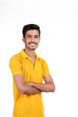 Young indian man showing expression on white background.