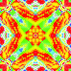 Creative mosaic pattern colored squares. Colored art festival abstract pixel symmetrical background. RGB pattern.  Colorful beautiful tiles. Modern art color pattern ornament decorative illustration.