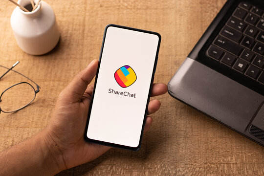 Assam, india - March 10, 2021 : ShareChat logo on phone screen stock image.