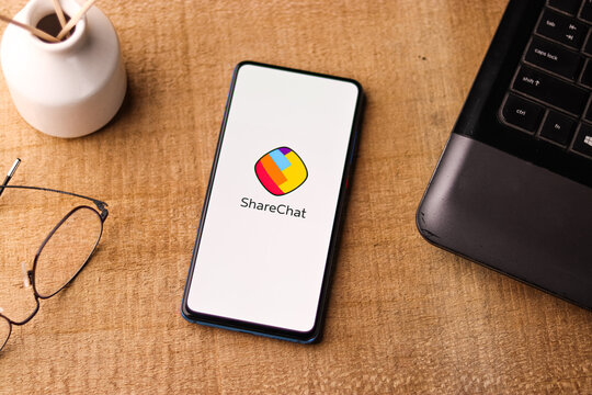 Assam, india - March 10, 2021 : ShareChat logo on phone screen stock image.