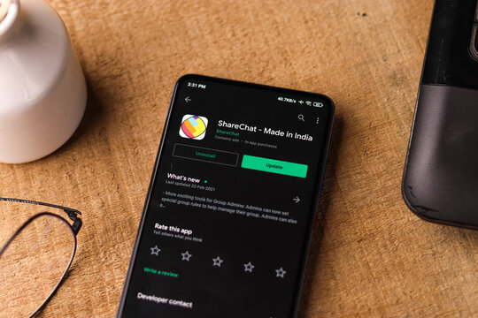 Assam, india - March 10, 2021 : ShareChat logo on phone screen stock image.