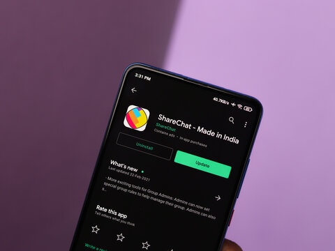 Assam, india - March 10, 2021 : ShareChat logo on phone screen stock image.