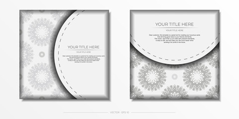 Invitation card template with vintage ornament. Stylish vector design postcard in white color with luxurious greek