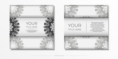 Preparing an invitation card with vintage ornaments. Stylish vector template for printable design postcard white color with luxury greek