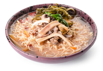Tasty Chinese soup in plate on white background