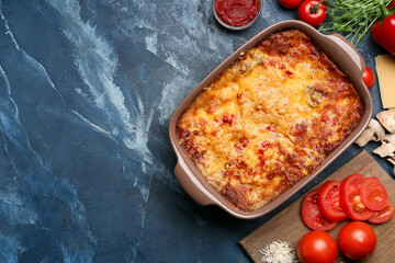 Composition with tasty vegetable lasagna on color background
