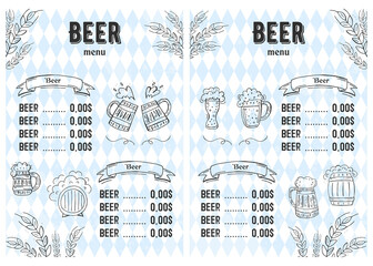 Fototapeta na wymiar Oktoberfest 2021 - Beer Festival. Hand-drawn Doodle Elements. Blue-white rhombus. Vertical Beer Menu.