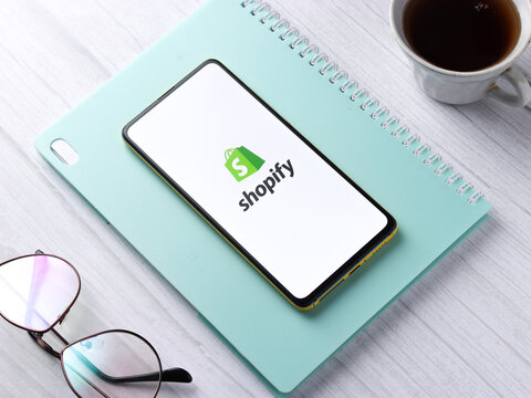 Assam, india - September 12, 2020 : Shopify logo on phone screen stock image.