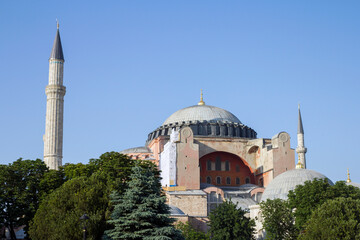Fototapeta na wymiar Hagia Sophia domes and minarets in the old town of Istanbu
