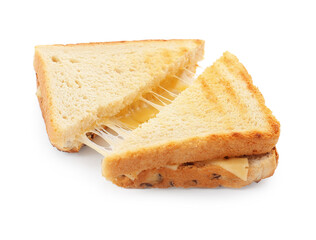 Tasty sandwiches with cheese on white background
