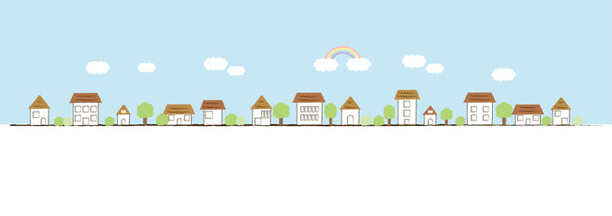 手描き風の虹がかかる街並み