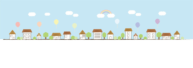 虹がかかり、風船が飛んでいる手描き風の街並み