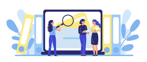 People use a magnifying glass and search and retrieve files in an electronic database. Vector illustration for archive, information storage concept
