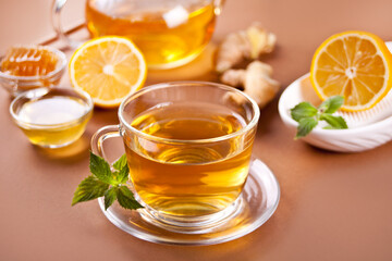 Refreshing ginger tea with lemon and honey