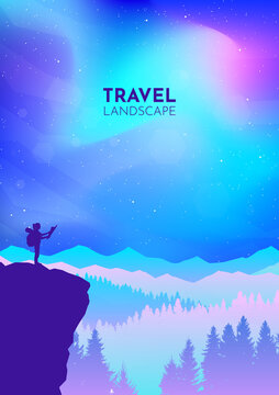 Northern Lights, Aurora in the Arctic, Night boreal. Travel concept of discovering, exploring, observing nature. Hiking tourism. Adventure. Minimalist graphic flyers. Polygonal flat design. Vector