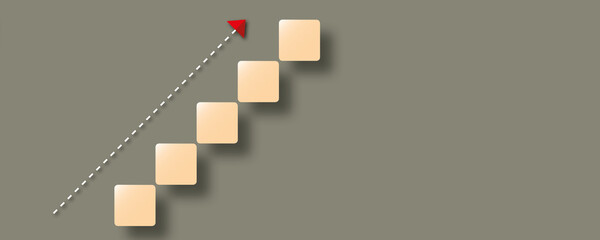 Red arrow rising step up the square on brown background as metaphor for business and financial growth, Success and financial developing, Success in business growth concept, paper art design style.