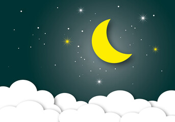Obraz na płótnie Canvas Moon with stars and cloud in midnight, Concept for mid autumn festival and greeting card, Space for the text, paper art design style.