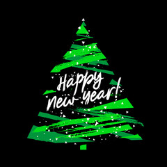 Lettering Happy New Year! Green Christmas tree, snowfall, fireworks and confetti. Greeting card, banner or poster for Merry Christmas.