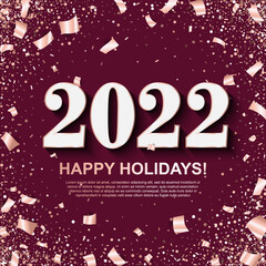 2022 Happy Holidays Banner with Silver Numbers on wine color background with scattered geometric and foil paper Confetti. Vector illustration