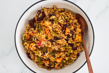 vegan quinoa with sweet potato green beans bell pepper and red kidney beans, healthy plant-based food