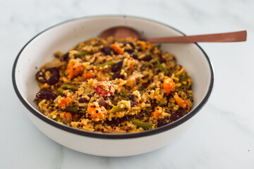 vegan quinoa with sweet potato green beans bell pepper and red kidney beans, healthy plant-based food
