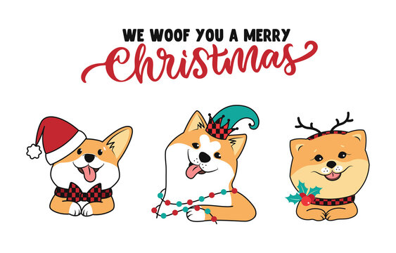 The set of winter dogs and quote about Merry Christmas. The retro phrase and saying is good for holiday designs. The corgi, Akita and Spitz is a vector illustration